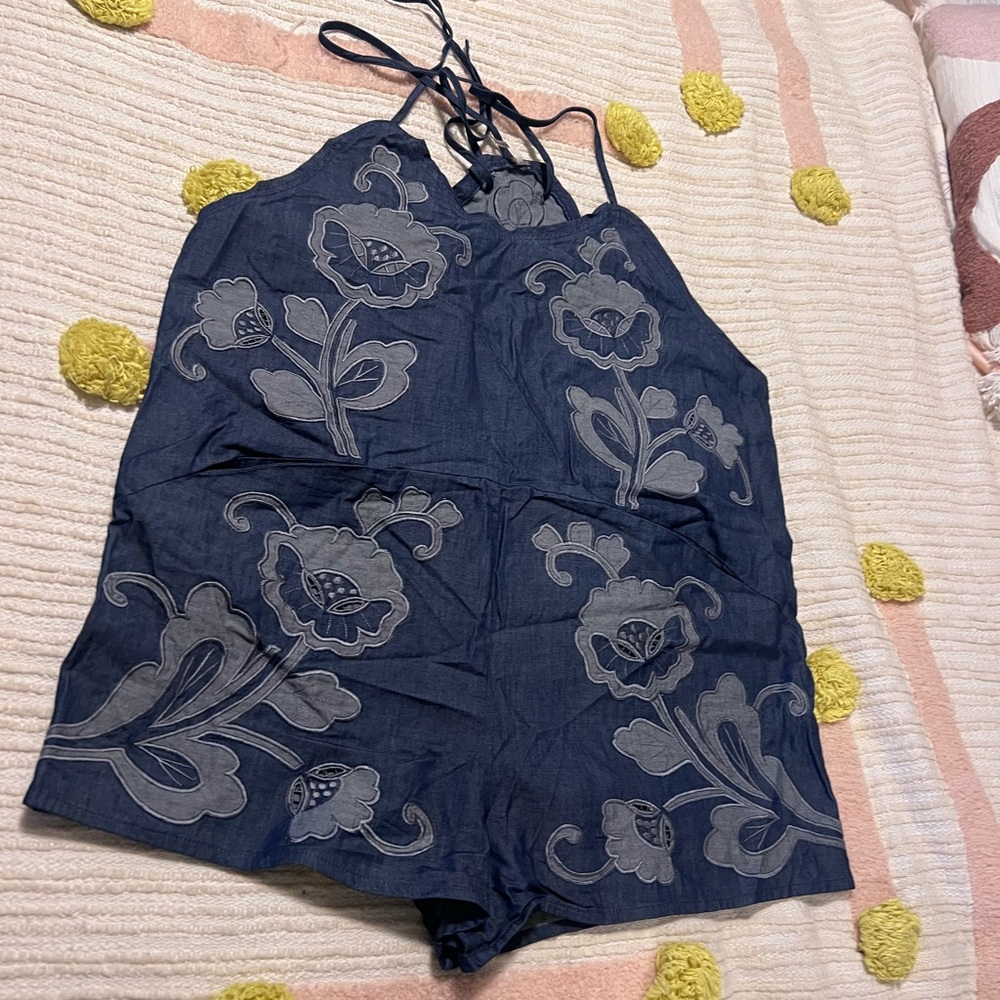 Free People Denim Embroidered Romper